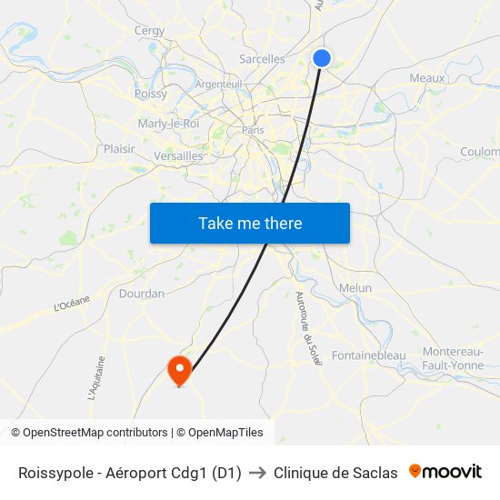 Roissypole - Aéroport Cdg1 (D1) to Clinique de Saclas map