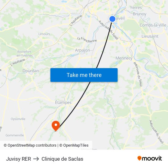 Juvisy RER to Clinique de Saclas map