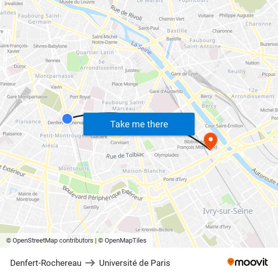 Denfert-Rochereau to Université de Paris map