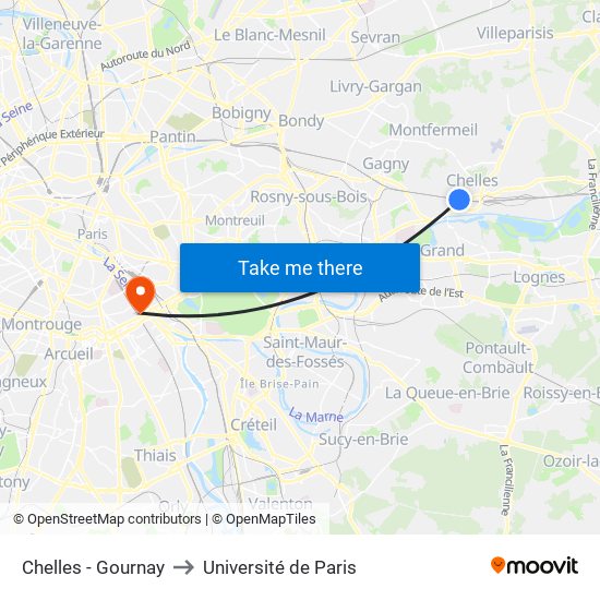 Chelles - Gournay to Université de Paris map