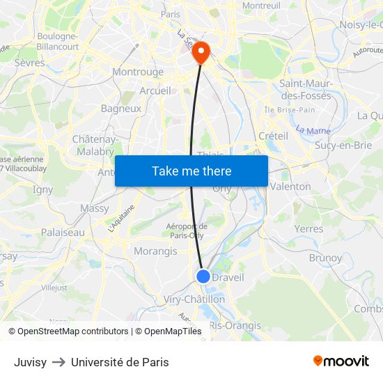 Juvisy to Université de Paris map