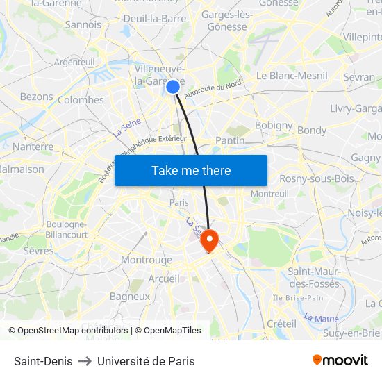 Saint-Denis to Université de Paris map