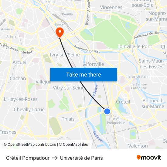 Créteil Pompadour to Université de Paris map