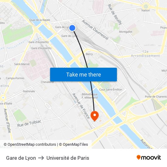 Gare de Lyon to Université de Paris map