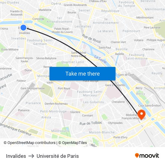 Invalides to Université de Paris map