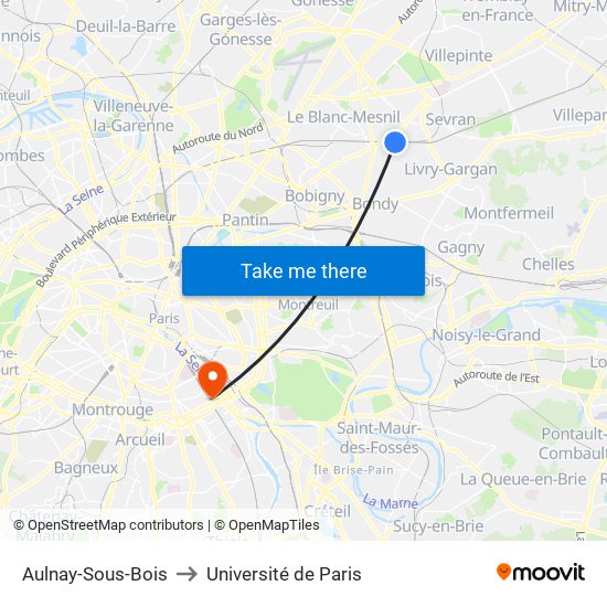 Aulnay-Sous-Bois to Université de Paris map
