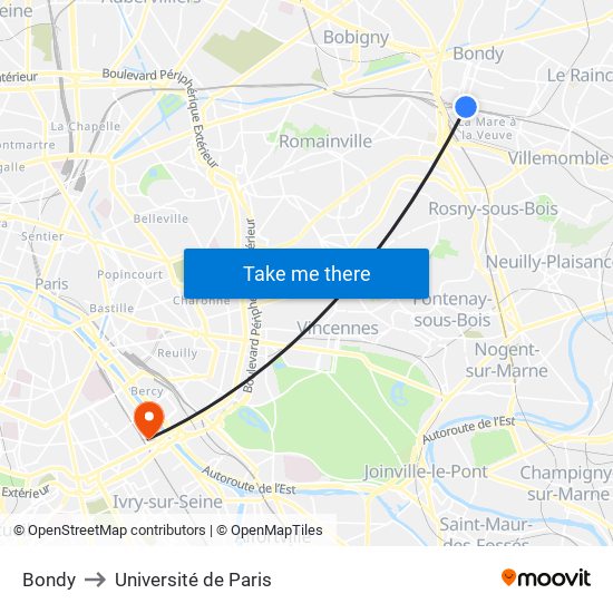 Bondy to Université de Paris map