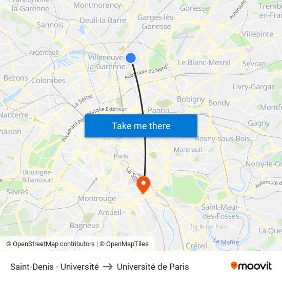 Saint-Denis - Université to Université de Paris map