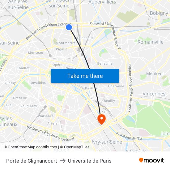 Porte de Clignancourt to Université de Paris map