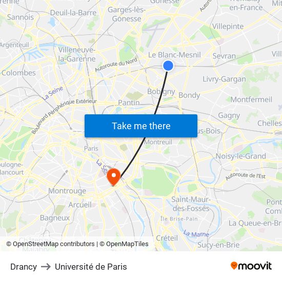 Drancy to Université de Paris map