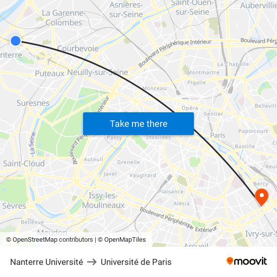 Nanterre Université to Université de Paris map