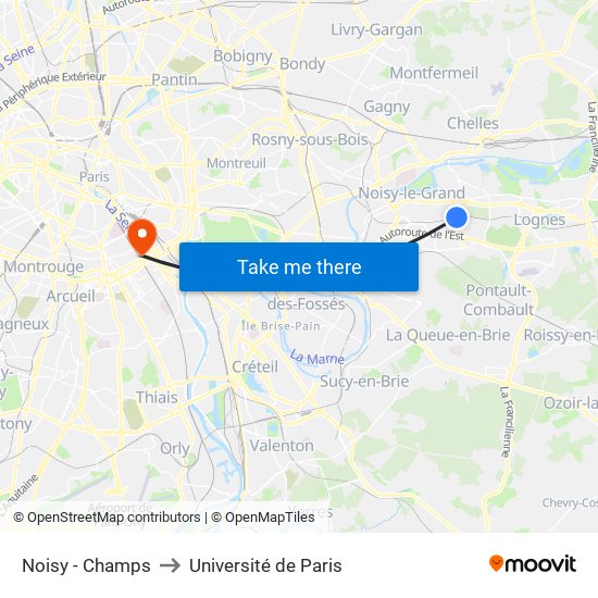 Noisy - Champs to Université de Paris map