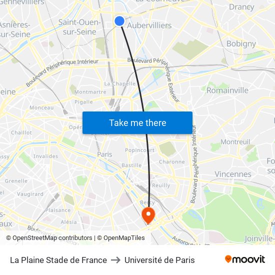 La Plaine Stade de France to Université de Paris map