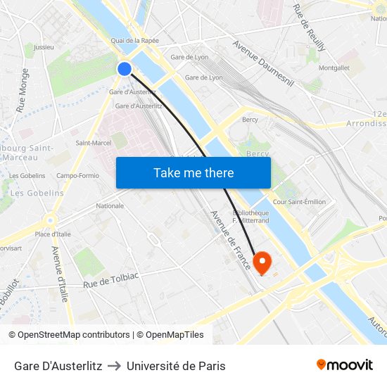 Gare D'Austerlitz to Université de Paris map