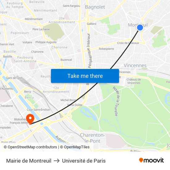 Mairie de Montreuil to Université de Paris map