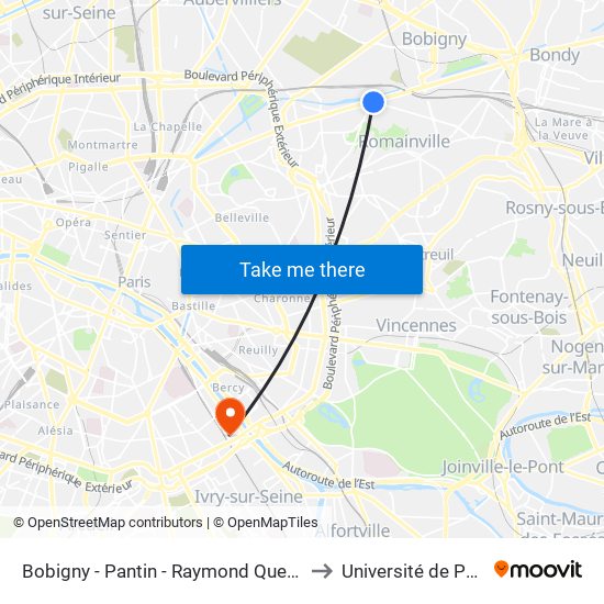Bobigny - Pantin - Raymond Queneau to Université de Paris map