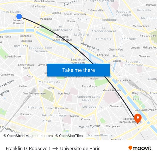 Franklin D. Roosevelt to Université de Paris map