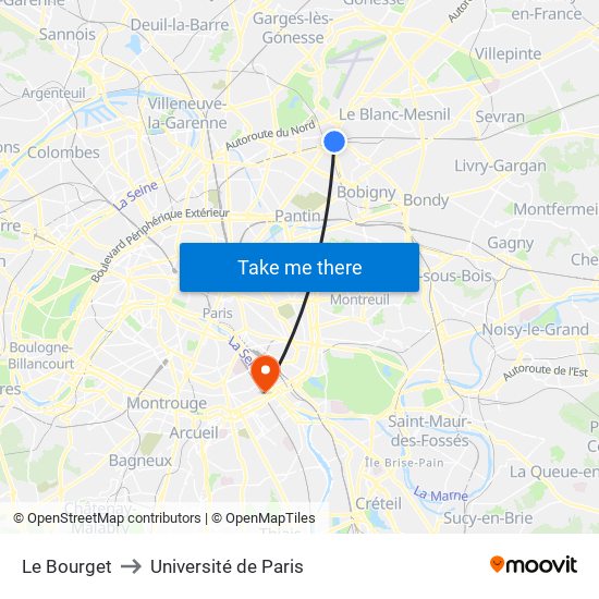 Le Bourget to Université de Paris map