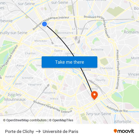 Porte de Clichy to Université de Paris map