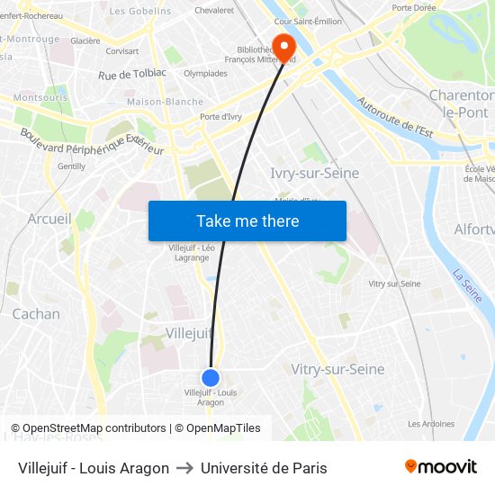 Villejuif - Louis Aragon to Université de Paris map