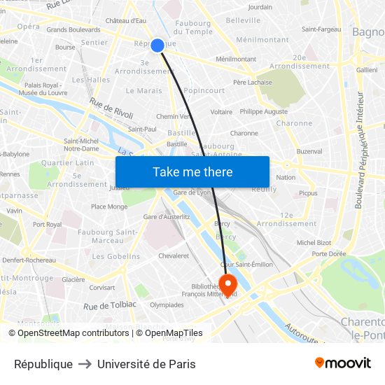République to Université de Paris map
