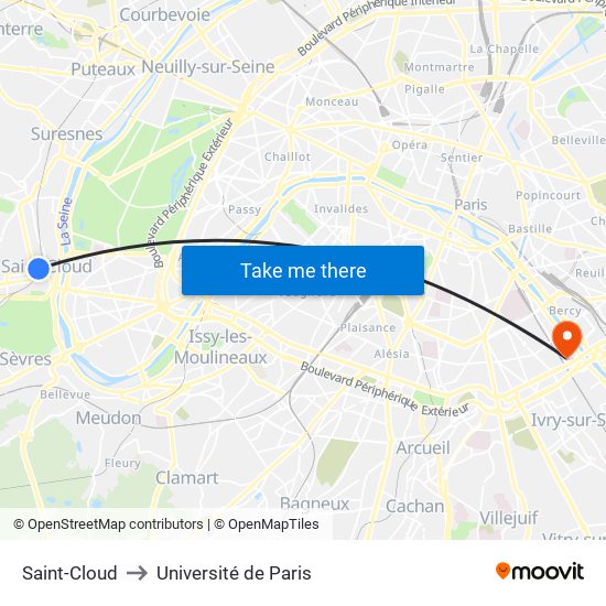 Saint-Cloud to Université de Paris map