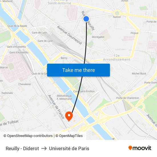 Reuilly - Diderot to Université de Paris map