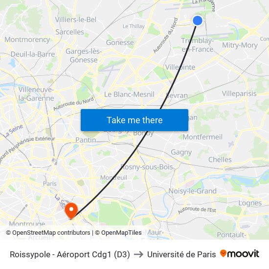 Roissypole - Aéroport Cdg1 (D3) to Université de Paris map