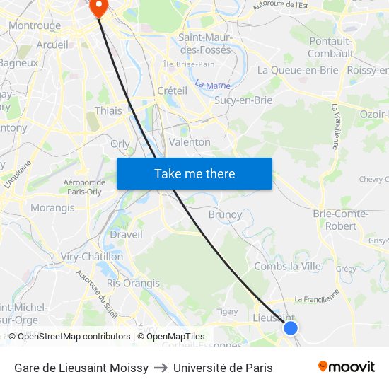 Gare de Lieusaint Moissy to Université de Paris map