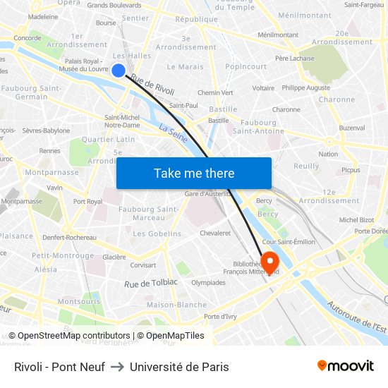 Rivoli - Pont Neuf to Université de Paris map