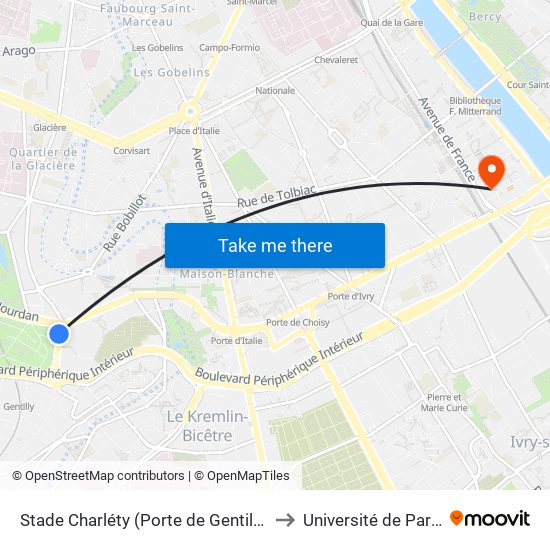 Stade Charléty (Porte de Gentilly) to Université de Paris map