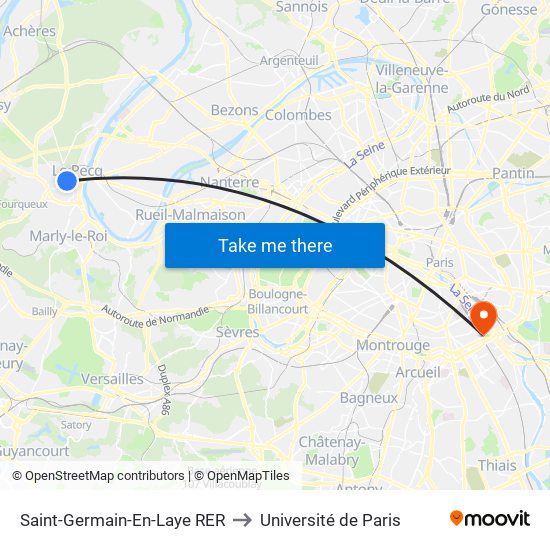Saint-Germain-En-Laye RER to Université de Paris map