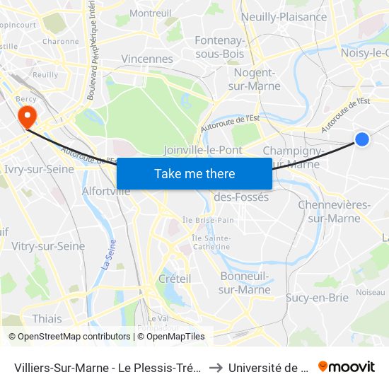 Villiers-Sur-Marne - Le Plessis-Trévise RER to Université de Paris map