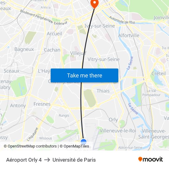 Aéroport Orly 4 to Université de Paris map