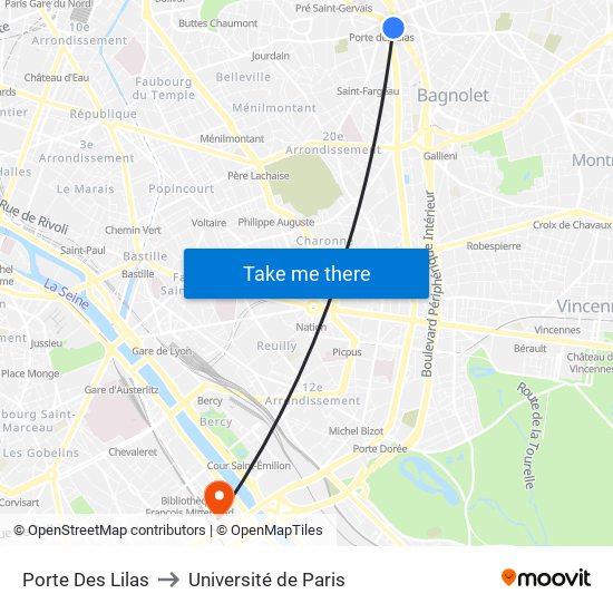 Porte Des Lilas to Université de Paris map