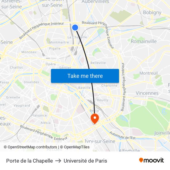 Porte de la Chapelle to Université de Paris map