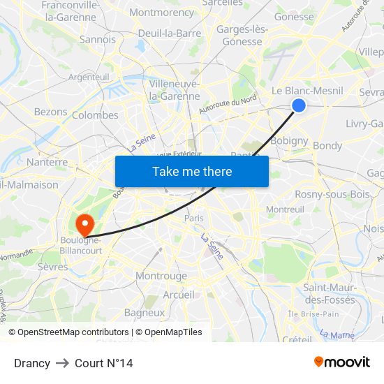 Drancy to Court N°14 map