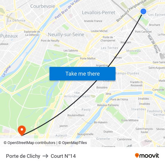 Porte de Clichy to Court N°14 map