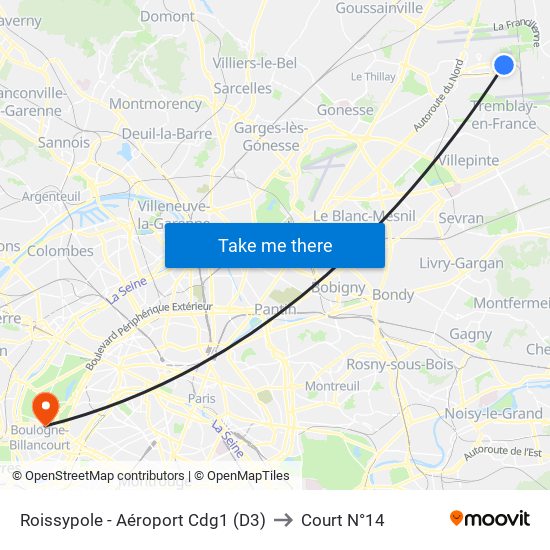 Roissypole - Aéroport Cdg1 (D3) to Court N°14 map