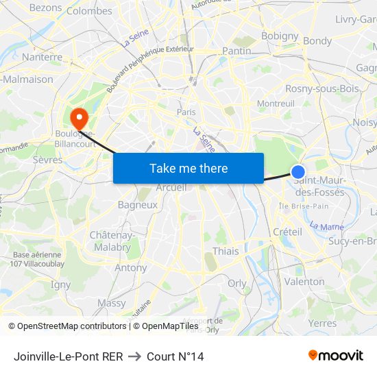 Joinville-Le-Pont RER to Court N°14 map