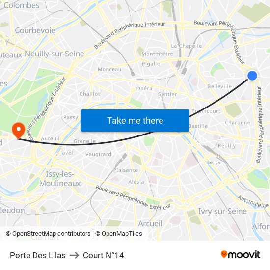 Porte Des Lilas to Court N°14 map