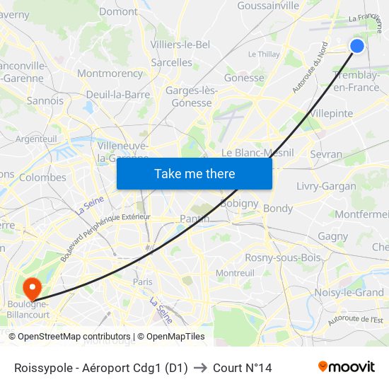 Roissypole - Aéroport Cdg1 (D1) to Court N°14 map