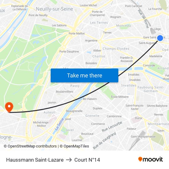 Haussmann Saint-Lazare to Court N°14 map