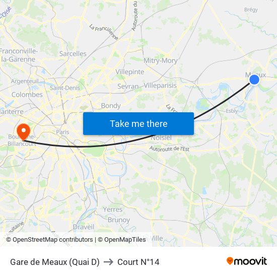 Gare de Meaux (Quai D) to Court N°14 map