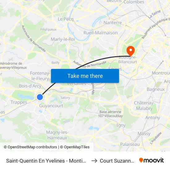 Saint-Quentin En Yvelines - Montigny-Le-Bretonneux to Court Suzanne-Lenglen map