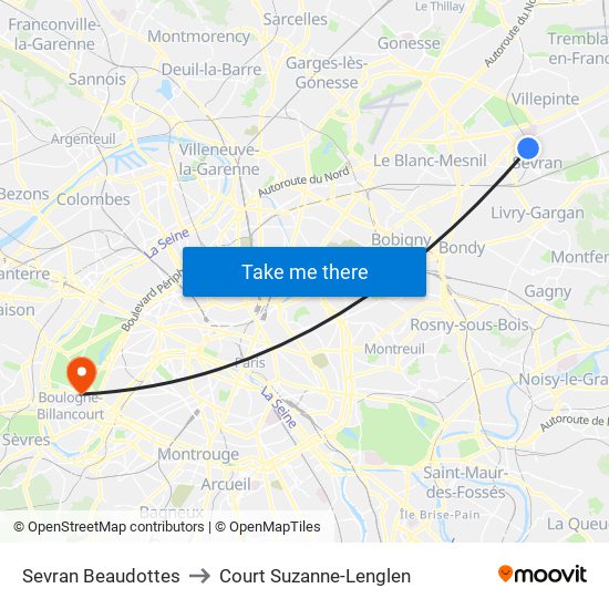 Sevran Beaudottes to Court Suzanne-Lenglen map