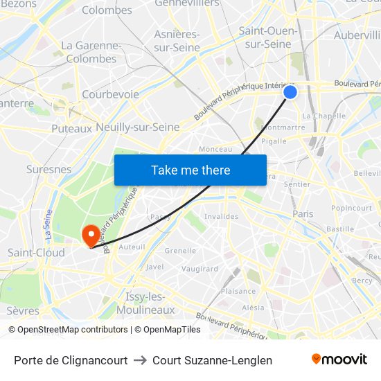 Porte de Clignancourt to Court Suzanne-Lenglen map