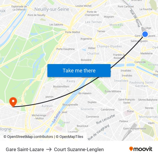 Gare Saint-Lazare to Court Suzanne-Lenglen map