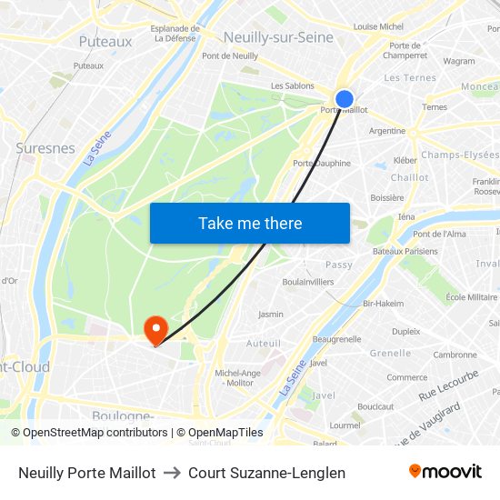 Neuilly Porte Maillot to Court Suzanne-Lenglen map