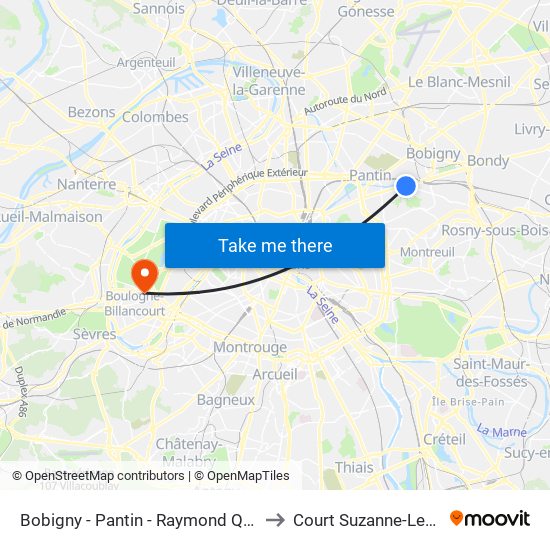 Bobigny - Pantin - Raymond Queneau to Court Suzanne-Lenglen map